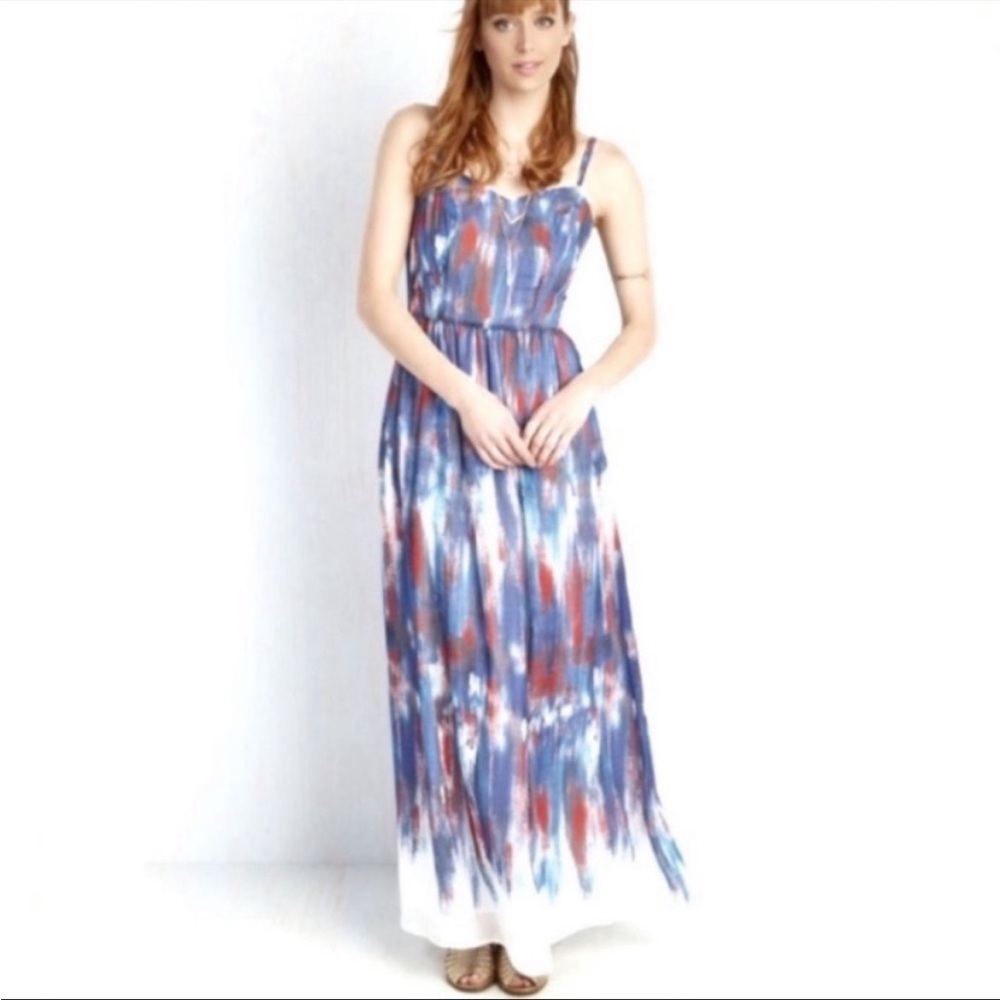 Modcloth Brushstroke Abstract Print Maxi Dress Blue Red, Women’s S